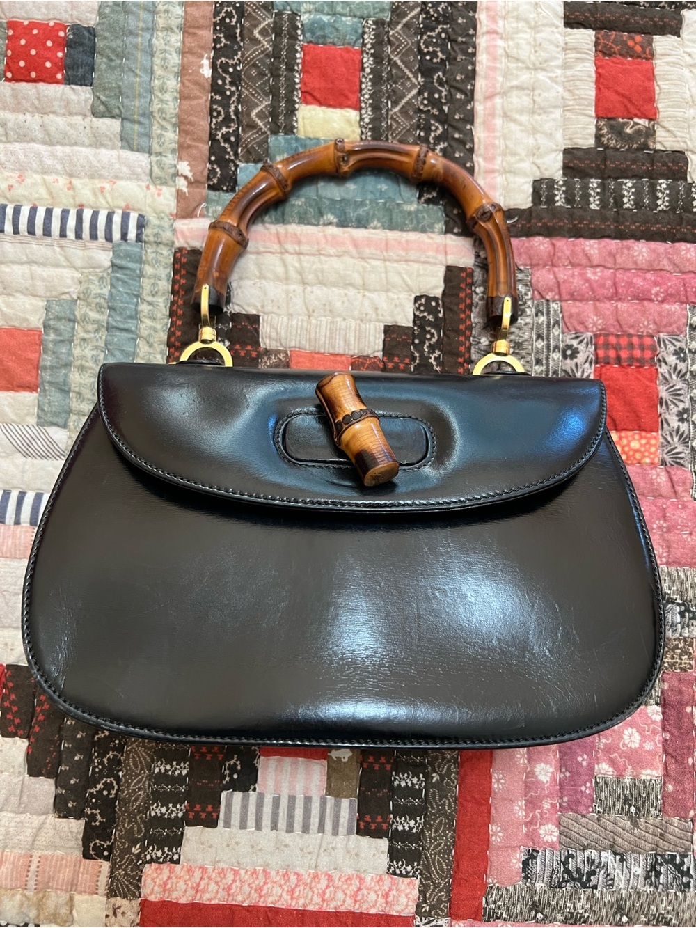 Gucci Black Leather Bamboo Top Handle